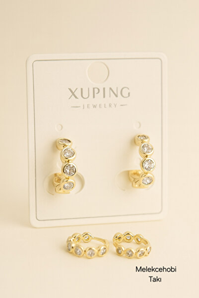 xUPING Işıltılı Taş Detaylı Altın Renk Halka Küpe