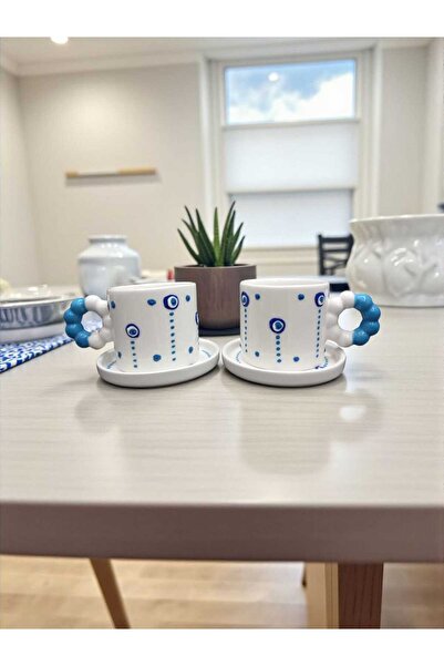 Home Ceramic Handmade Evil Eye Double Coffee Cup with Handle Set of 2