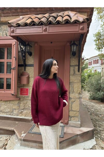 Tavie Dokulu Yan Yırtmaçlı Triko-Bordo - STD