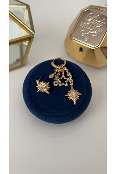 SU PERİSİ TAKI BİJUTERİ Gold Zirkon Taşlı Kuzey Yıldızı Model Şans Küpe