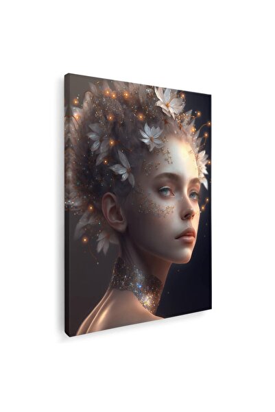 Tablou Canvas portret femeie cu flori in par, crem, maro, negru, cod 1079