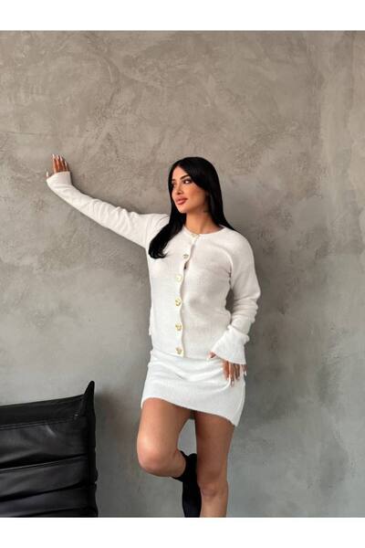 Julidress Heart Button Cardigan and Elastic Waist Mini Skirt Bottom Top Beard Knitwear Set