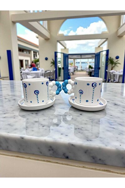 Home Ceramic Handmade Evil Eye Double Coffee Cup with Handle Set of 2