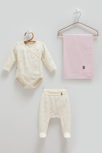 Caramell Baby Girl Set of 3 0-3 Months 100% Cotton Baby Bodysuit Set and Muslin Blanket (80-90cm)