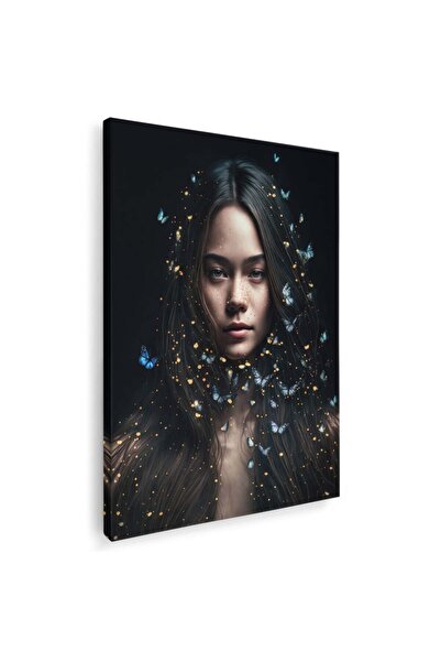 Tablou Canvas Tablou portret femeie cu fluturi in par, maro, negru, albastru, cod 1080