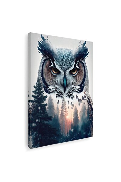 Tablou Canvas padure bufnita rasarit albastru, alb, roz, cod 1134