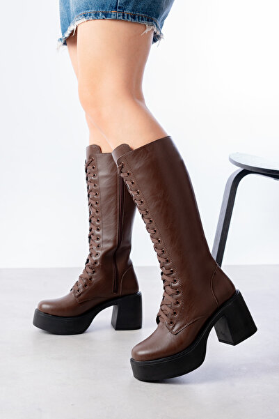 SEEM & BE Cizme maro pentru femei cu toc cu platformă și șireturi Sydney