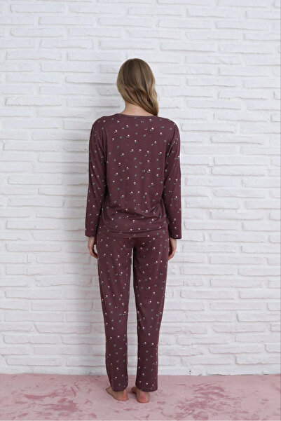 Pijamoni Kadın Milan Kumaş Bisiklet Yaka Mürdüm Pijama Takımı - 7600