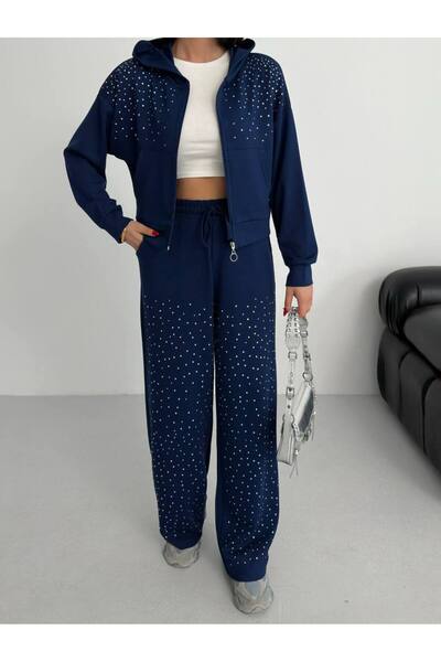 MODAGK Taş İşlemeli Kapüşonlu Fermuarlı Boru Paça Kadın Eşofman Takımı