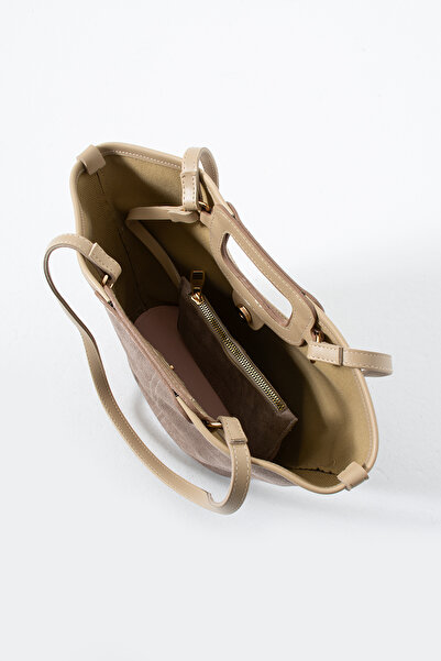 HERCAİ Suede Beige Double-Use Bucket Hand and Shoulder Bag with Stitching Detail