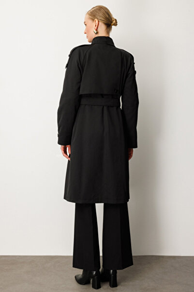 Ekol Dik Yaka Beli Kuşaklı Trençkot 7003-25K Siyah