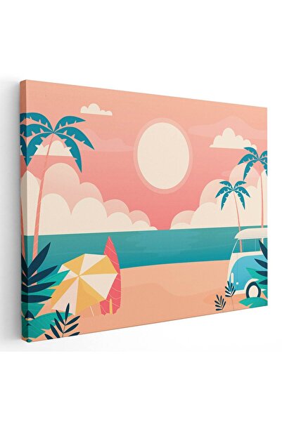 Tablou Canvas Tablou peisaj plaja cu umbrelute si palmieri, cod 5447