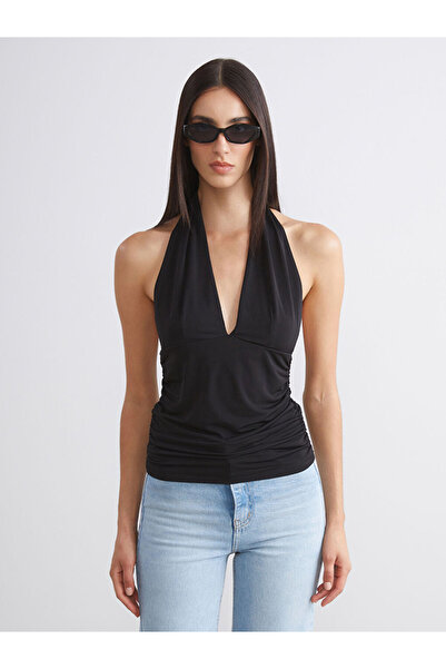 LC Waikiki Black halter neck ruched blouse from plus-store