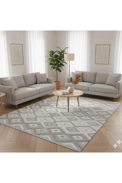 arzen home Modern Geometrik Desenli Gri Krem Salon Halısı – Kaymaz Tabanlı Yu...