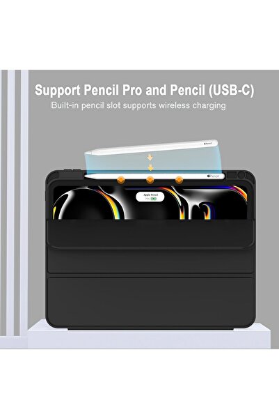 Generic iPad Pro 13-inch M4 (2024) Case with Pencil Holder, Tri-fold Smart Cover, TPU Back (Black)