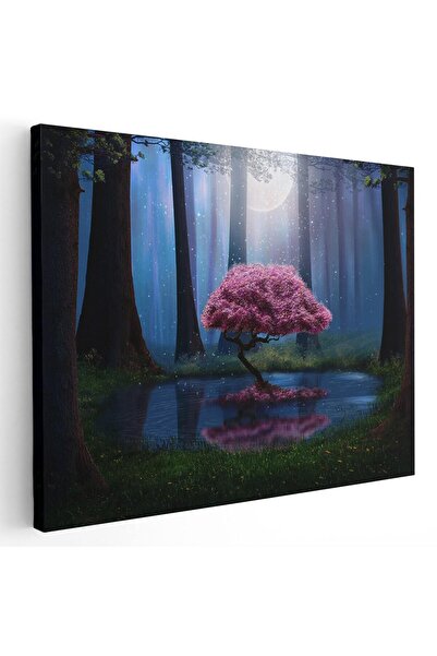 Tablou Canvas Tablou peisaj copac inflorit in mijlocul padurii, roz, albastru, cod 1225