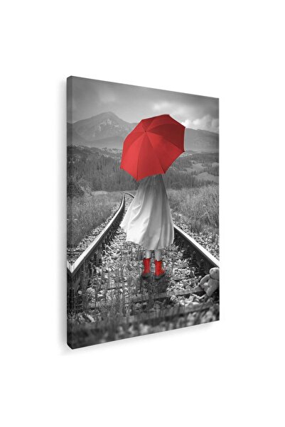 Tablou Canvas Tablou fetita cu umbrela rosie pe calea ferata, cod 4285