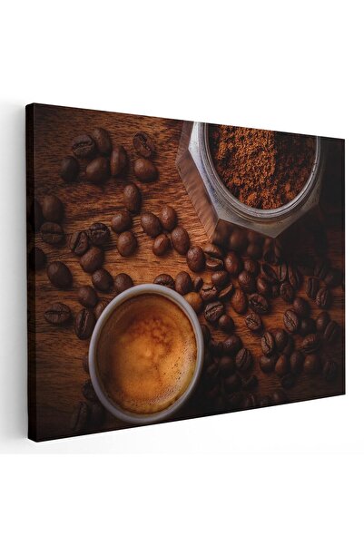 Tablou Canvas ceasca si cafetiera cafea crem, maro, gri, cod 1281