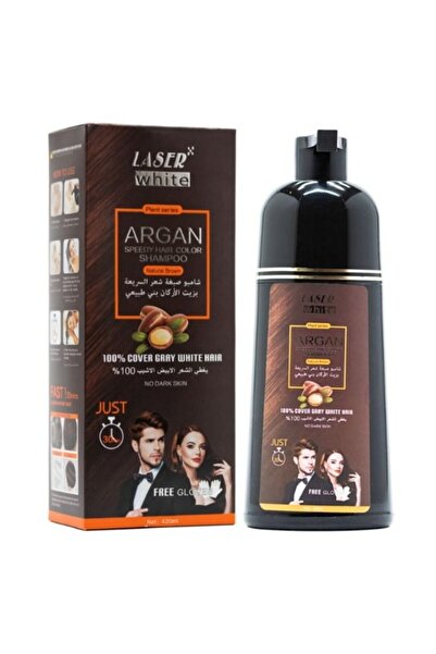 LASER WHITE شامبو زيت الأرغان لتغطية الشعر الرمادي بني طبيعي 420 مل