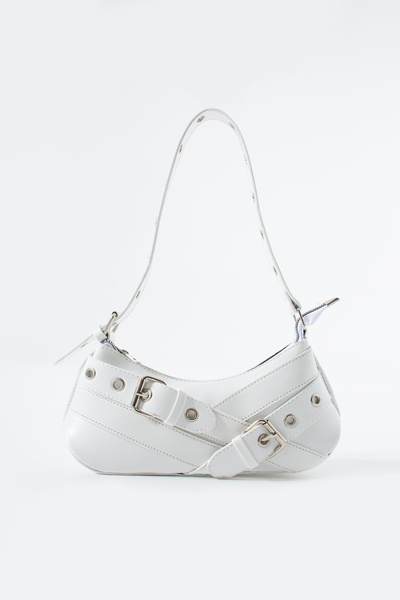 HERCAİ White Eyelet Belt Buckle Detailed Women's Baguette Hand, Arm and Shoulder Bag
