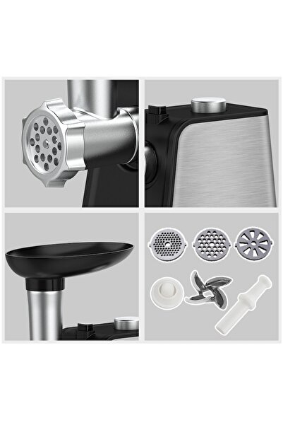 Deliny Mașină de tocat carne 2000W, oțel inoxidabil, tăietor cu cuplu mare, ușor de curățat, orificiu de alimentare mare, negru/silicon