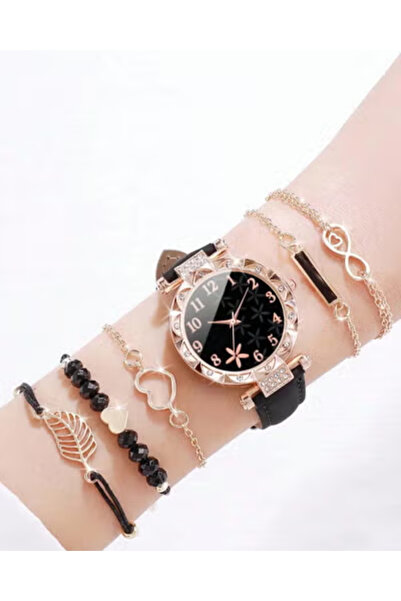 Fstyle 6-piece set of quartz watch with PU leather strap and rhinestone flowe...