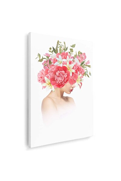 Tablou Canvas Tablou modern femeie profil cu bujori si crini flori pe cap, roz, cod 1350