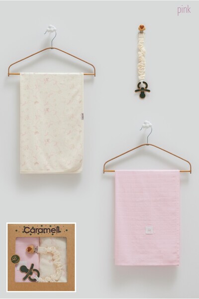 Caramell 100% Cotton Baby Girl Set of 3 80-90cm 1 Muslin Blanket + 1 Combed Cotton Blanket + Pacifier Strap