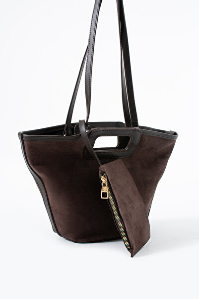 HERCAİ Suede Brown Double-Use Bucket Hand and Shoulder Bag with Stitching Detail