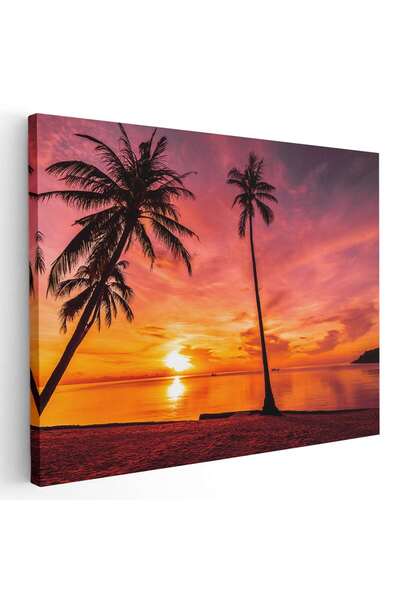 Tablou Canvas Tablou peisaj plaja cu palmieri la apus, cod 4367