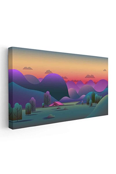 Tablou Canvas Tablou peisaj montan case copaci la apus, cod 5482