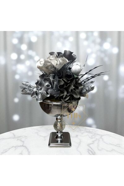 THK STORE Yapay Çiçek Aranjmanlı Gümüş Metal Ayaklı Vazo Dekoratif,Hediyelik ...
