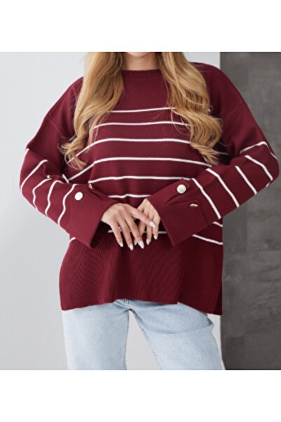 ZY BUTİK Πλεκτό πουλόβερ μπορντό με ριγέ σχέδιο και μανικετόκουμπα
