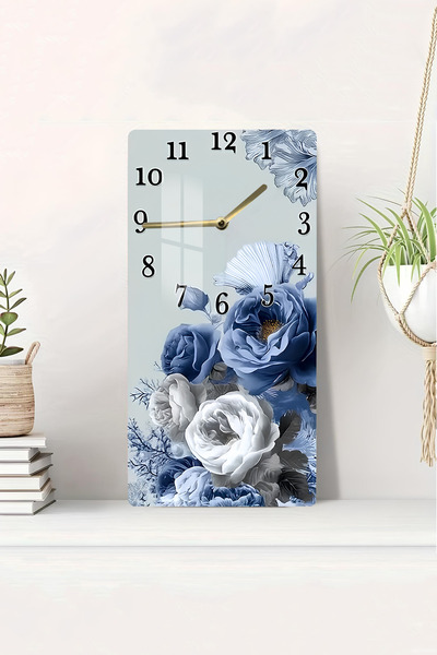 kutuTR Mavi Beyaz Çiçek Desenli Temperli Cam Tablo Saat – 30×60 cm– UV BASKI–...