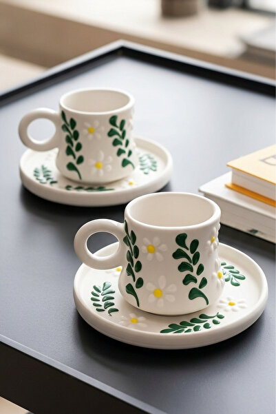 Hopce طقم فناجين قهوة مصنوع يدويًا بنقشة الأقحوان من لونا، 4 قطع لشخصين - 90 مل