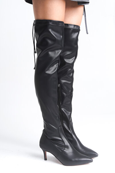 SEEM & BE حذاء شارون بكعب 5 سم ومقدمة مدببة وطويلة حتى الركبة باللون الأسود