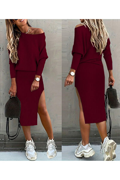 Genel Markalar Kadın Uzun Kollu Düşük Omuz Yırtmaç Detay Kaşkorse Etek Bluz I...