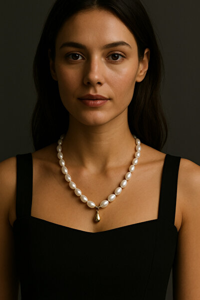 HANZEM Gerçek Doğal Barok İnci Kolye | Gold Damla Uçlu Zarif Kadın Gerdanlık | Zamansız Şıklık