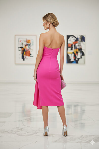 Robes Fuşya Straplez Abiye Elbise | Boncuk İşlemeli Midi Boy Özel Tasarım Davet Elbisesi-7047