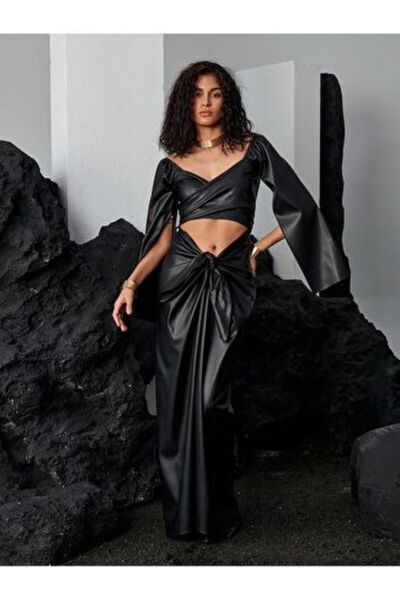 RİVUS 2 Piece Tie Front Low Cut Long Vegan Leather Dress - Black