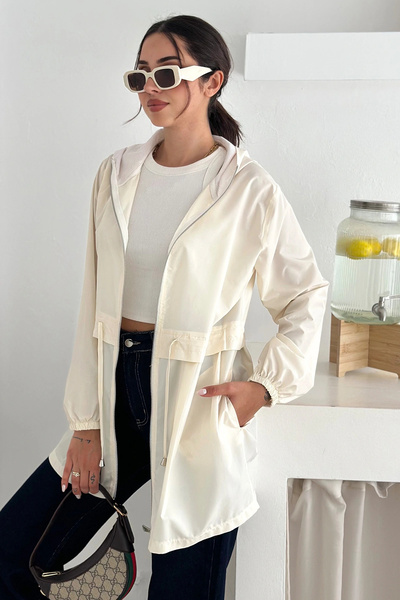 EFFEN Hooded Zippered Lace-Up Long Raincoat