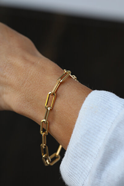 Yenigün Kuyumculuk 14 Ayar Altın Köşe Detaylı Geniş Ataç Zincir Bileklik