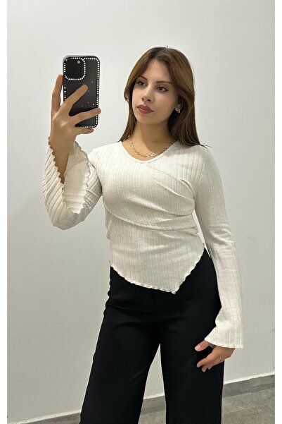 LONELY WOLF Μπλούζα με λαιμόκοψη σε σχήμα V με πτυχωτό στρίφωμα στο πλάι