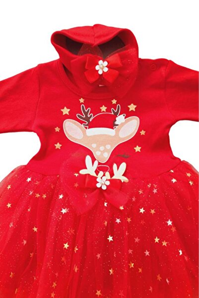 Dumledo Yılbaşı Geyik Figürlü Kırmızı Tütü Yeni Yıl Bandana ve Elbise 2'li Kız Bebek Takım