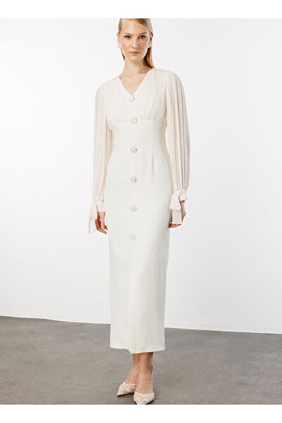 Nefeli Pilise Detaylı İki Renkli Elbise EKRU