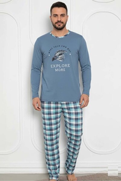 embody Set de pijama lung din bumbac pentru bărbați - Albastru mărime M