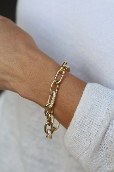 Yenigün Kuyumculuk 14 Ayar Altın Arası Taş Kaplama Ataç Zincir Bileklik