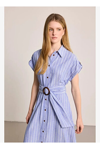 Gusto Çizgili Keten Karışımlı Uzun Elbise - Mavi