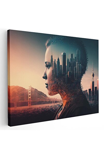 Tablou Canvas Tablou portret femeie si cladiri moderne, albastru, cod 1663