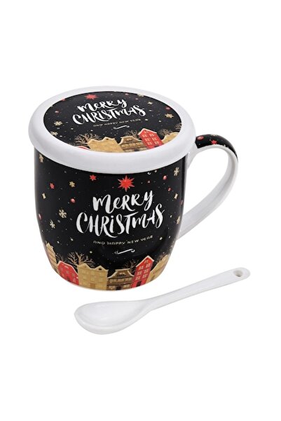 SHOPIENS Set căni de Crăciun „Crăciun Fericit” - Porțelan, capac și lingură, ...